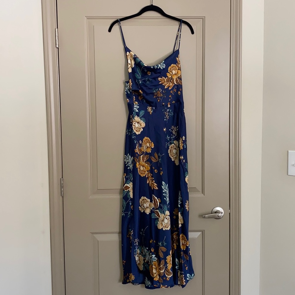 Navy floral satin midi dress
